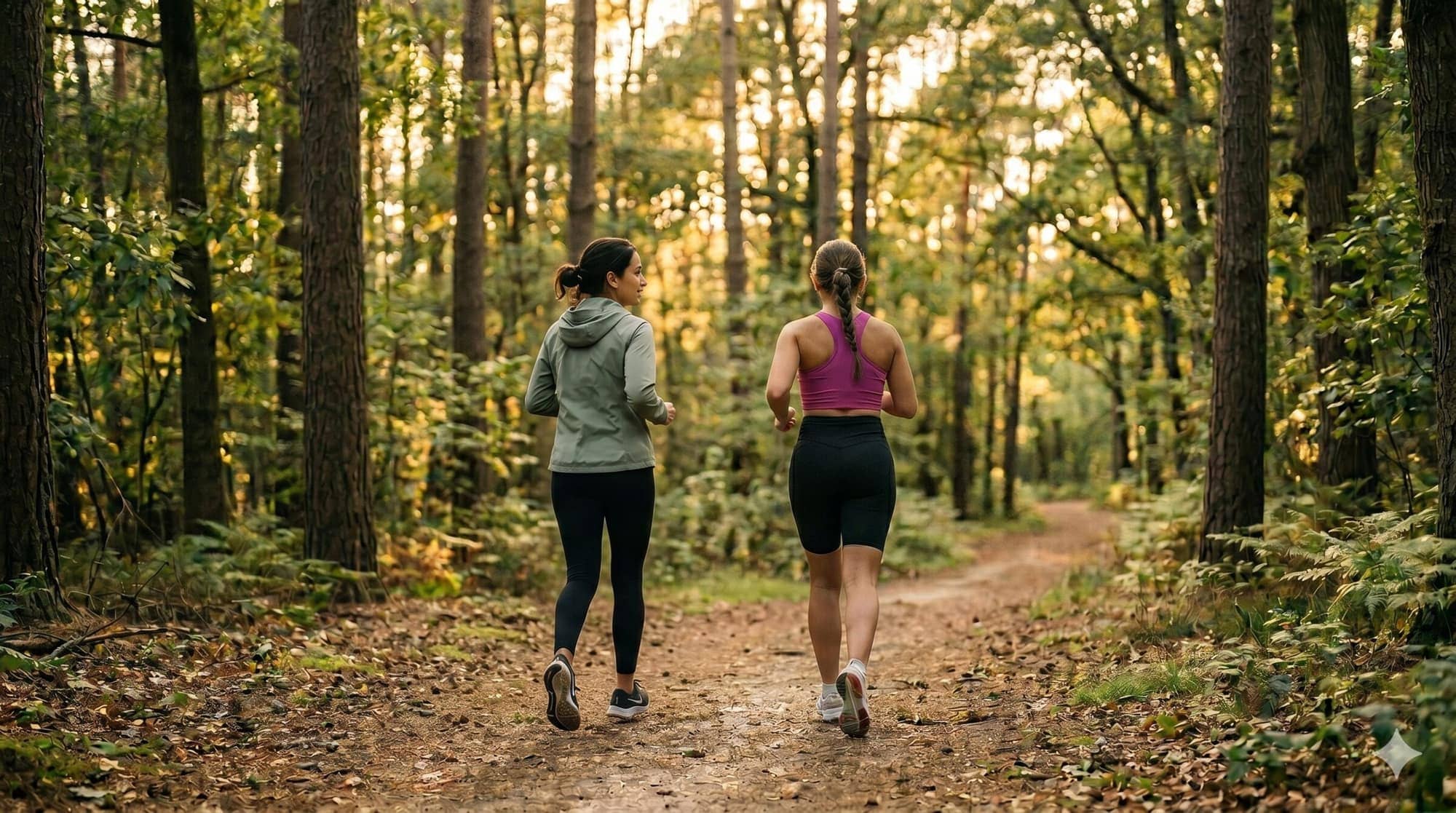 Deux femmes courant sur un sentier forestier